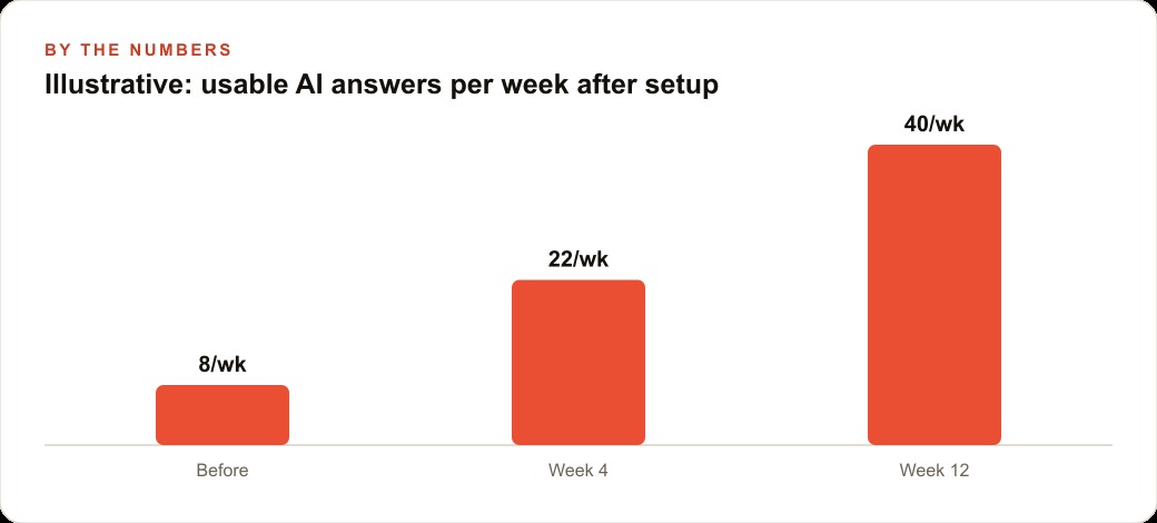 Illustrative: usable AI answers per week after setup